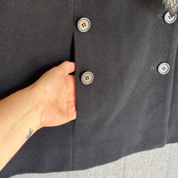 Vintage Newport News Black Wool Blend Faux Leather Floral Applique Collar Coat - Picture 5 of 14